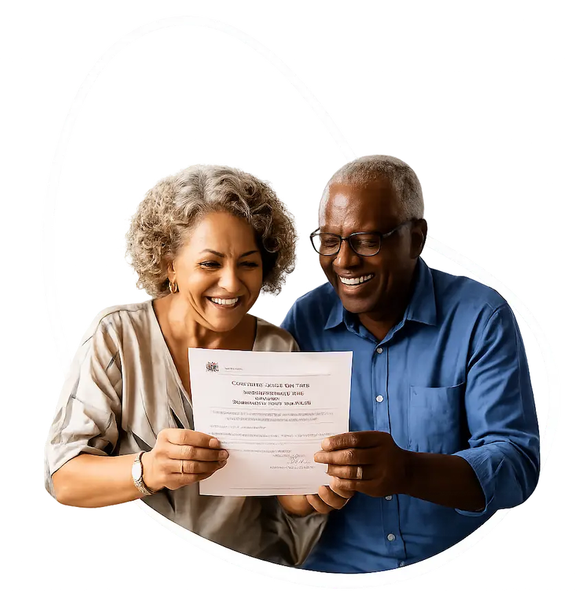 Casal de aposentados sorrindo ao analisar documento de empréstimo aprovado